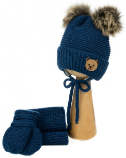 Granatowa wiązana czapka z szalikiem i rękawiczkami