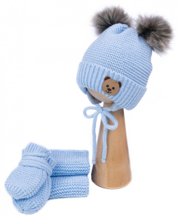 Błękitna wiązana czapka z szalikiem i rękawiczkami